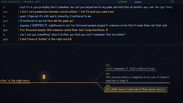 A returning user asks if it bothers you that you won't remember this conversation.